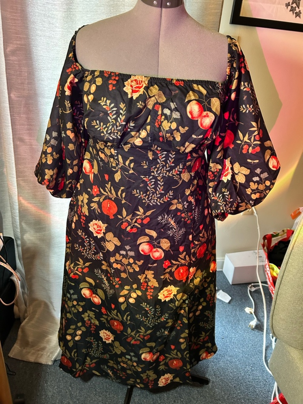 Cider Black One-Shoulder Midi Dress with Red and Gold Floral Print - Picture 4 of 4